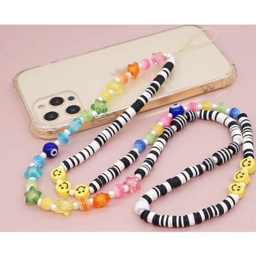 Go2Boho Mobile Lanyard Strap Heishi Long Chain For Phone Smiley Evil Eye Acrylic Star Charm Polymer Clay Beads Telephone Jewelry