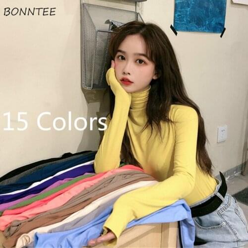 T-shirts Womens Candy Color Elastic Turtleneck Slim Long Sleeve Korean Style Ulzzang Basic All-match Teens Ladies Trendy Casual