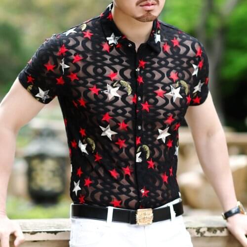Hombre Short Camisa Sleeve Slim Fit Floral Shirt Fashion Printing Sexy Transparent Shirt Men Velvet Shirt Club Designer Shirt