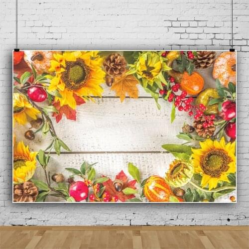 Laeacco White Wood Board Autumn Blossom Sunflwoers Pet Doll Portrait Photographic Background Photo Backdrop Photo Studio