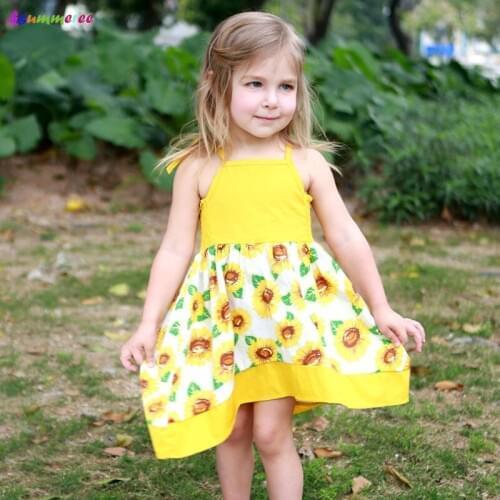 Sunflower Print Baby Girls Summer Fashion Dress Sling Lace Dress for Girls Beach Holiday Clothing Infant Floral Sunsuit