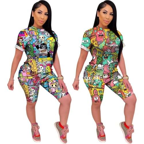 Summer T Shirts and Shorts Matching Two Piece Set Women Outfits 2020 Fashion Cartoon Print Biker Shorts Set Tracksuit B481
