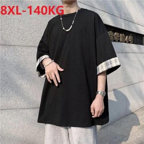 Summer men korea style plaid tshirt big sales cheap plus size 8XL high street patchwork cool tees tops oversize loose t-shirt 60