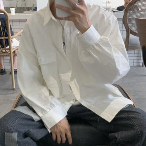 Mens Vintage Oversized Button Up Shirts Men Harajuku Solid Long Sleeve Shirt 2021 Korean Fashions Cargo Shirts Cotton