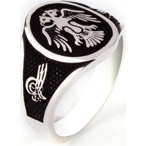 Men Handmade Silver Ring With Oval Ottoman Tugra Flag Animal Eagle Motif, Seljuk Empire Ring, Solid 925 Sterling Silver