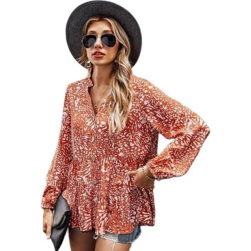 Autumn Womens V-Neck Floral Chiffon Blouse Long Sleeve Casual Single Row Open Button Casual Printed Long Sleeve Top 2021 New
