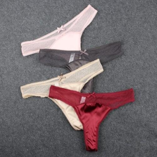 Sexy Satin Thong Panties Silk Underwear Women Tanga G String G-string Lace Mid Waist Flash T-back Slip