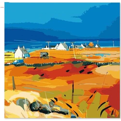 Beach Digital oil painting distance Small house happy family Blue sky Color pastoral night