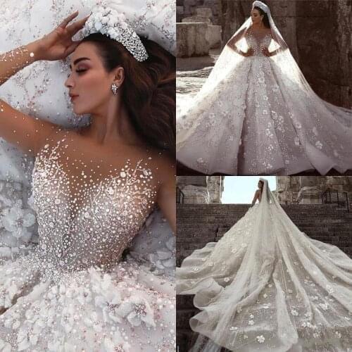 Luxurious Dubai Arabic New Fashion Lace Ball Gowns Wedding Dresses Long Sleeves 3D Flowers Beading Wedding Dress Bridal Gowns