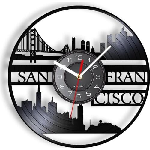 San Francisco Skyline Re-purposed Vinyl Record Wall Clock Golden Gate Bridge American Cityscape Vintage Timepiece Carved Artwork