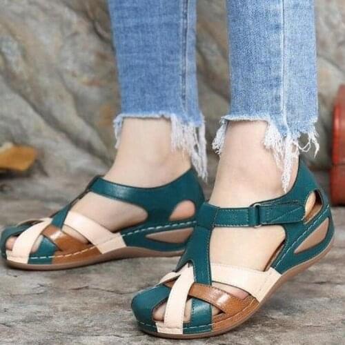 2021 New Summer Womens Sandals Fashion Velcro Wedge Casual Sandals Baotou Low Heel PU Roman Men Shoes Zapatos De Mujer