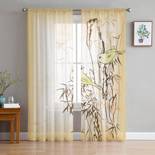 Cute Bird Yellow Bamboo Voile Curtains for Living Room Window Treatment Sheer Curtains for Bedroom Kitchen Drapes