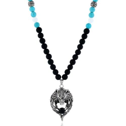 Stainless steel Totem Big Wolf Head Pendant Necklace Animal Precious Natural stone Beads Sweater Chain Necklace