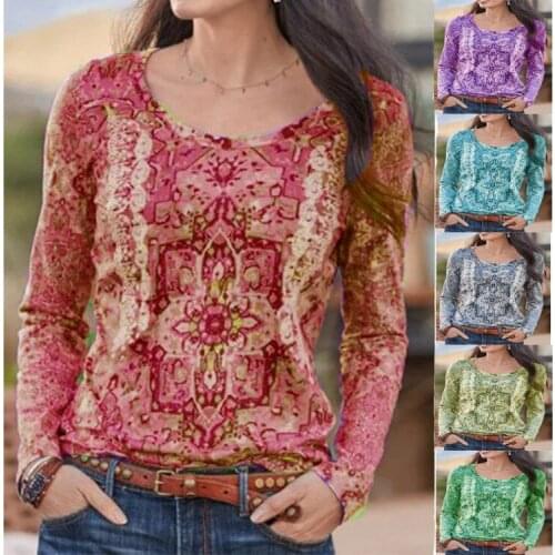 Spring/Summer Womens Long Sleeve Bottoming Shirt New V-neck Blouse Tops Printed Tops T-shirts