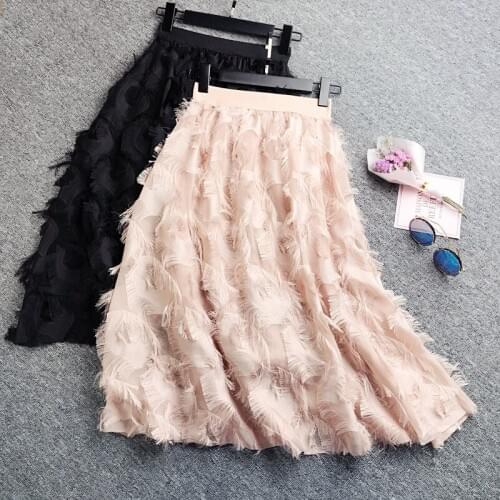 2019 New Spring Women Long Skirts Elastic High Waist Tassel Feather Chiffon Skirt Female Elegant Tutu Pleated Skirt Saias AB1298