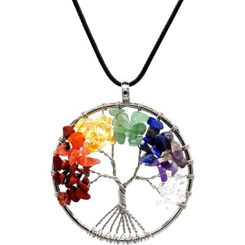 Original New Rainbow Quartz 7 Chakra Tree Of Life Pendant Necklaces Women Wisdom Stone Tree Choker Necklace Heart Jewelry Gift