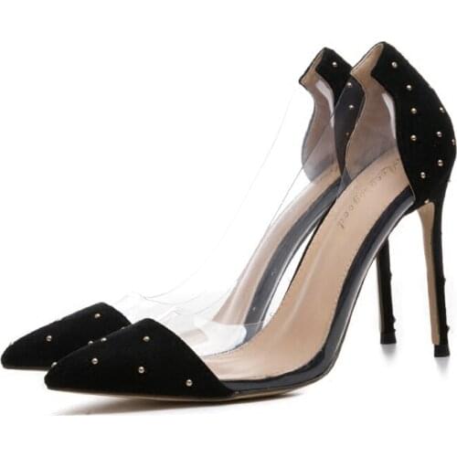 Free shipping fashion women Pumps lady PVC Black suede studded Pointy toe high heels shoes 10cm 8cm bride Stiletto heeled