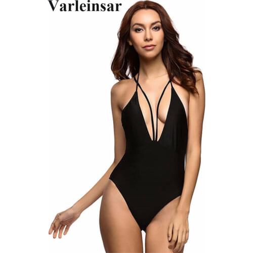 Black Sexy Deep V neck Low Back Backless Monokini 2019 One Piece Swimsuit Women Swimwear Female Bather Bathing Suit Swim V224