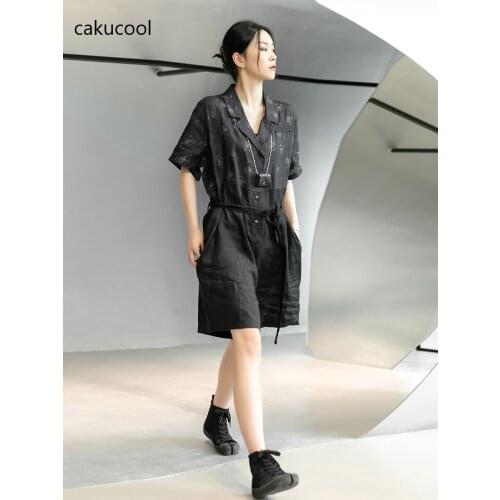 Cakucool new fashion printed linen loose Jumpsuit shorts work clothes womens loose Japanese black Jumpsuit casual Jumpsuit cool