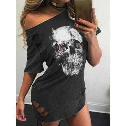 Hollow Out Mini Dress Women Summer Dress Casual Punk Slash Neck Off Shoulder Short Sleeve Skull Print Hole Female Vestidos