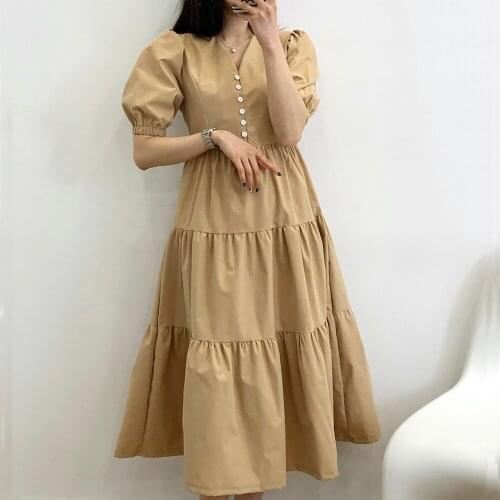 2021 Summer Vintage Patchwork Dresses Women V Neck Short Puff Sleeve Cotton Mid-Calf Dress Casual Bohemian A-line Dress Clothes