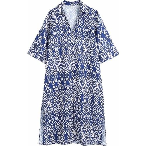 ZXQJ Women 2021 Chic Fashion With Buttons Printed Kaftan Long Blouses Vintage Short Sleeve Side Vents Female Shirts Mujer