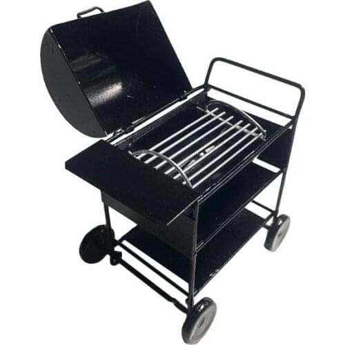 1:12 Miniature Iron Barbecue Grill Mini Garden Outdoor Trolley Square Oven Toy Dollhouse Decoration Accessory