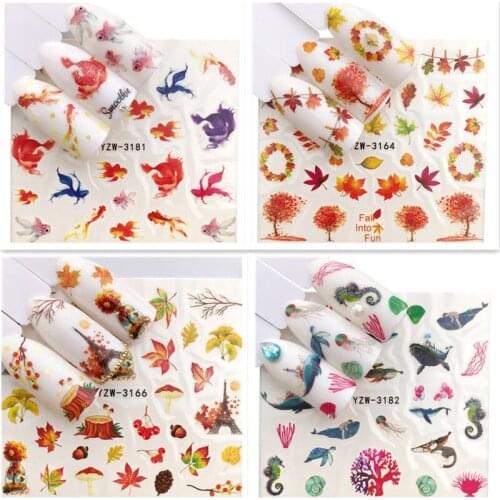 1 Sheet Colorful Fall Season Tree / Goldfish Water Transfer Nail Art Sticker Beauty Red Maple Leaf Decal Nails Art Decorations