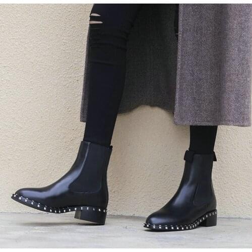 EshtonShero Shoes Woman Women Ankle Boots Leather Platform Slip On/Lace Up Low Heels Round Toe Ladies Chelsea Boots Size 3-9