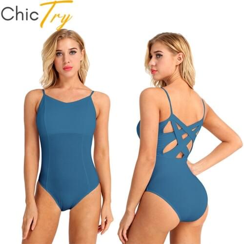 ChicTry Women Spaghetti Straps Cutout Back Built-in Bra Ballet Leotard Adult Solid Color Gymnastics Leotard Practice Dance Wear