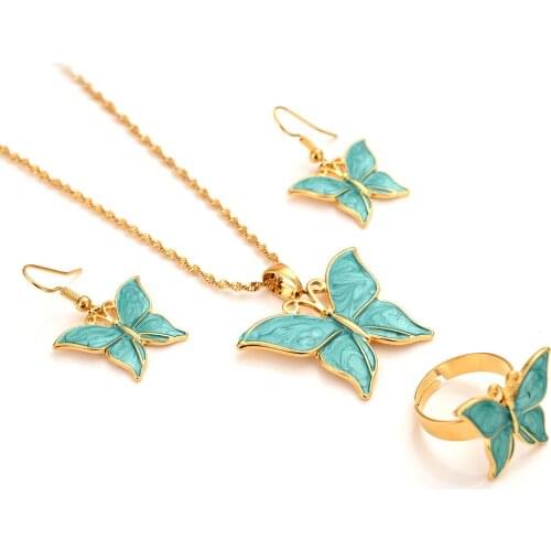 Dubai India Fine Gold G/F Pendant Necklace earrings rings Women butterfly Papua New party Jewelry sets Black Blue Green gift