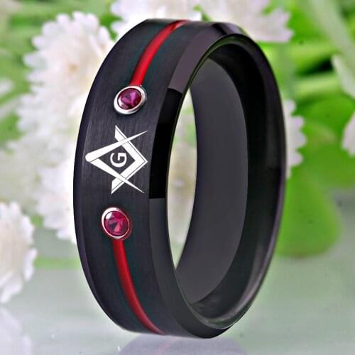 CLASSIC 8mm Black Mens Tungsten Carbide Ring With White/Blue/Red Stone Masonic Compass Square Free Mason Anniversary Gift Ring
