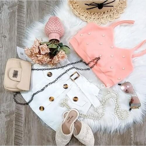 2Pcs Lovely Newborn Baby Girls Clothes Pink Pearl Sleeveless Tank Tops White Short Skirt Summer Outfit 1-5Years
