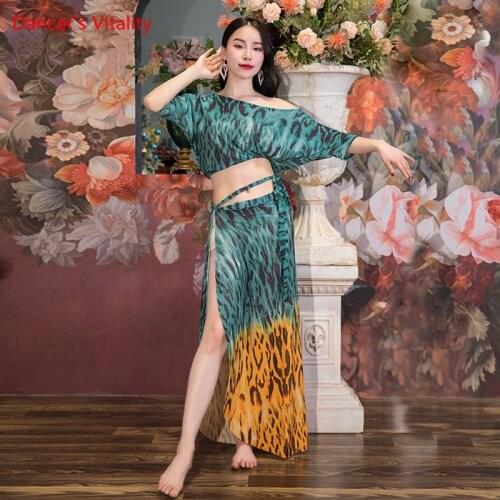 Belly Dance Suit Mesh Leopard Print Top Bat Sleeves Bandage Skirt Practice Clothes Set Adult Elegant Performance Clothing