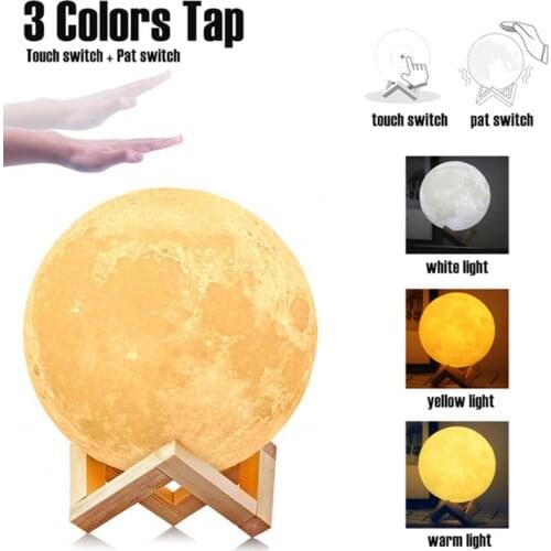 Luna Moon Lamp 3 colors Night Light 3D Print Moonlight LED Dimmable Touch/Pat/Remote Switch Rechargeable Bedside Table Desk Lamp