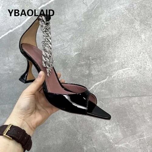 Summer New Style Fish Mouth Patent Leather Stiletto Sandals Solid Color Metal Chain Decoration Sexy High-heeled Women Sandals