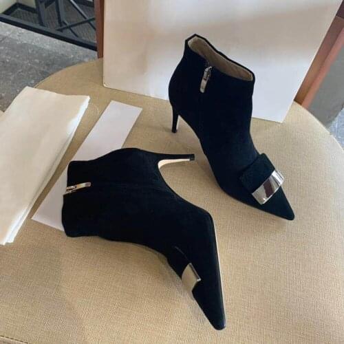 Hot Design Womens Boots Genuine Suede Leather Boots Pointed Toe Ankle Boots Winter High Heels Boots Suede Leather Woman Boots