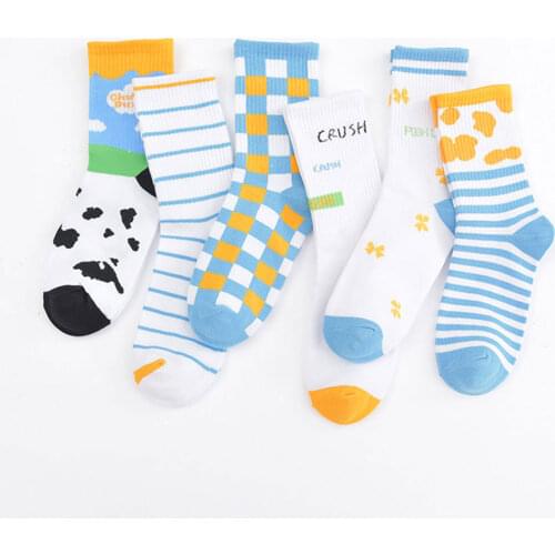 Kawaii Women Sock White Black Cow Sports Socks Checkered Stripe Street Fashion Trend Milk Crush Funny Sock Cotton
