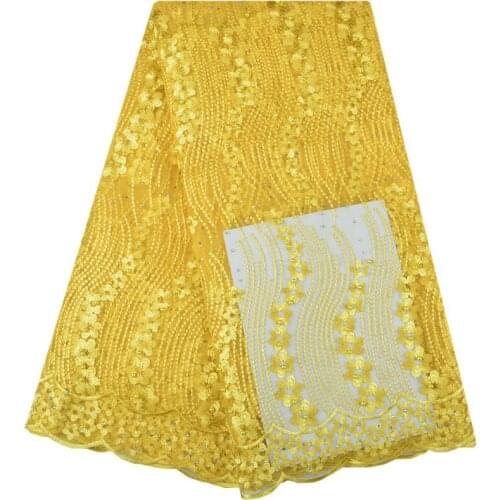 Fashion African Lace Fabric High Quality Yellow Color Lace Nigerian Lace Fabric 2018 High Quality Lace With Beaded F1211