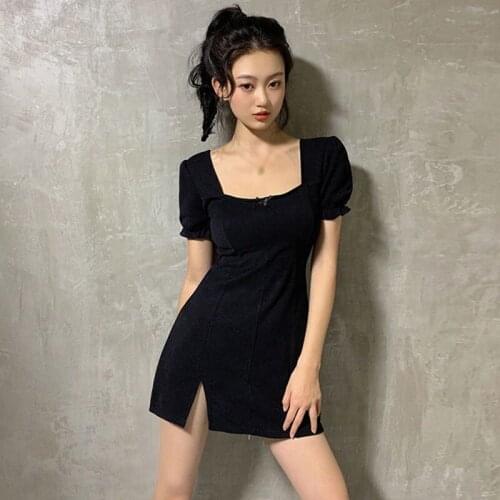 Fashion Vintage Square Collar Women Dresses Female Short Sleeve Sweet Summer Dresses