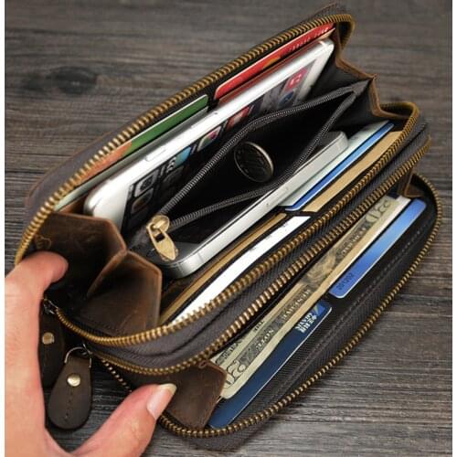 Man Phone Card Coin 100% Genuine Leather Men Wallet Double Zipper Women Men Long Wallet Vintage Leather Male Clutch Purse