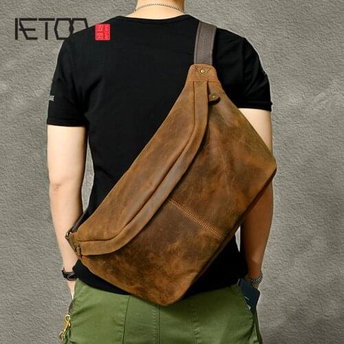 AETOO Retro large-capacity Crazy Horse leather chest bag, stiff cowhide crossbody bag, sports bike bag