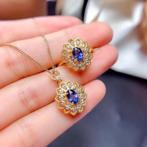 New Fashion Sapphire Jewelry set Natural And Real 925 sterling silver Fine jewelry 1pc Sapphire ring,1pc Sapphire Pendant