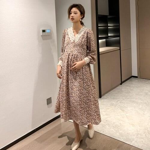 2021 New Maternity Elegant Sweet Chiffon Floral Dress Lace Patchwork v-Neck Long Sleeve Loose Pregnant Women Chiffon Dress