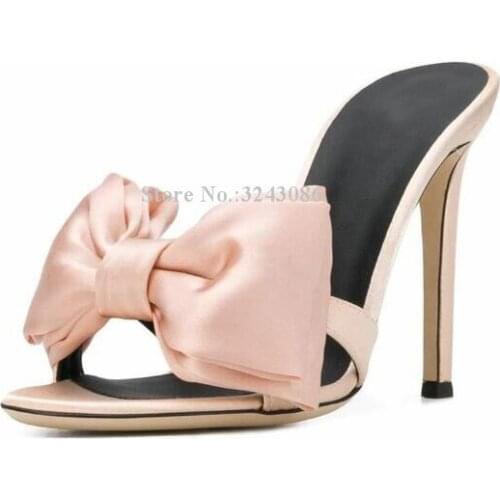 New Women Bowtie Sandals Shoes Fashion Satin Pink Butterfly-knot Stiletto Heel Slippers Sandals Lady Large Size Casual Sandals