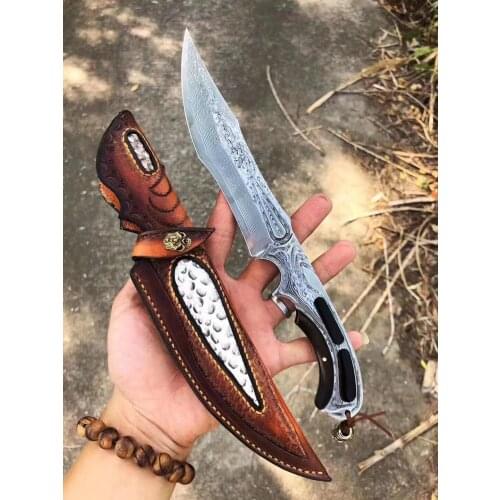 Full Tang 108 Layer Damascus Steel blade ebony wood handle fixed blade knife camping survival outdoors hunting straight knife