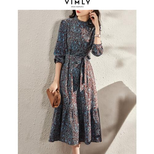 VIMLY Long Sleeve Floral Dress Women 2021 Autumn Elegant Vintage Dresses Office Lady A Line Long Dress Female Vestidos F8750