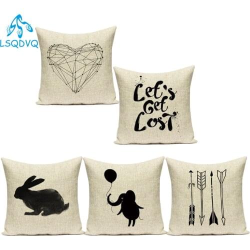 Cotton Linen Animals Rabbit Elephant Geometric Black White Decorative Pillows Sofa Home Cushion Cover for Living Room Decoration