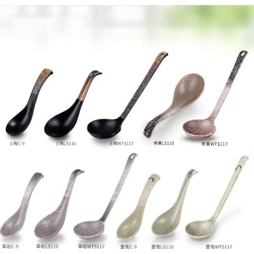 Earthenware short long handle shell spoon Chinese style noodle rice bowl commercial plastic melamine tableware 10pcs