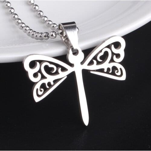 Silver colory hollow Dragonfly 316L Stainless Steel pendant necklaces bead chain for men women wholesale